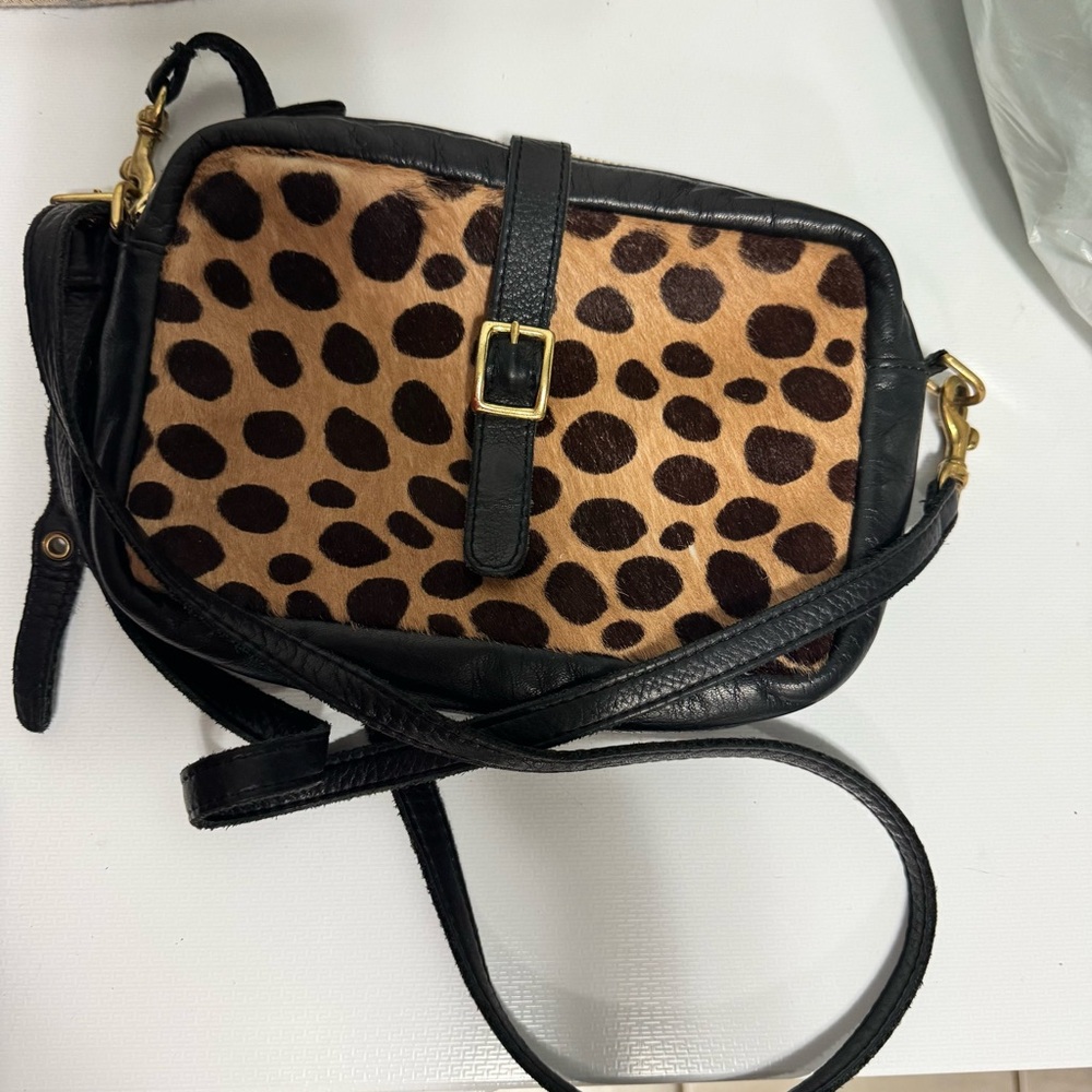 Clare V. Leather Leopard print Haircalf Crossbody Bag - Black and Brown